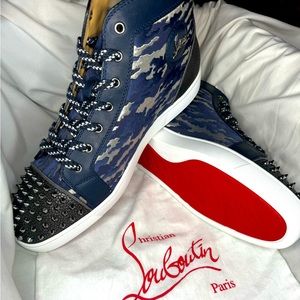 Christian Louboutin blue/silver camo high tops. Never worn size 14/47(euro).